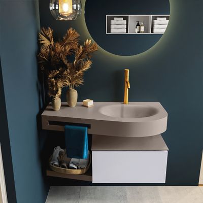 MONDIAZ RIVA 100cm badmeubel onderkast / planchet kleur Cale met 1 lade. Wastafel DULCET rechts 1 kraangat kleur Smoke.