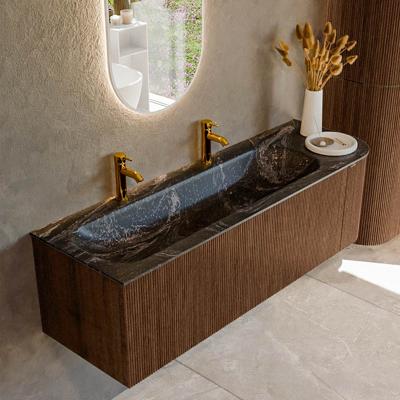 Badmeubel Mondiaz Kurve-Dlux | 145 cm | Meubelkleur Walnut | Wastafelkleur Lava | Solid surface | Links spoelbak | 2 kraangaten