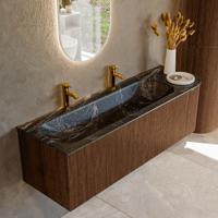 Badmeubel Mondiaz Kurve-Dlux | 145 cm | Meubelkleur Walnut | Wastafelkleur Lava | Solid surface | Links spoelbak | 2 kraangaten