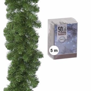 Groene dennen guirlande/dennenslinger 270 cm inclusief helder witte verlichting   -