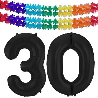 Leeftijd folie ballonnen - Leeftijd cijfer 30 - zwart - 86 cm - en 2x feestslingers gekleurd