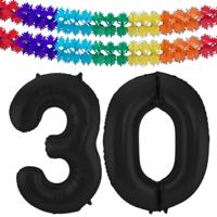 Leeftijd folie ballonnen - Leeftijd cijfer 30 - zwart - 86 cm - en 2x feestslingers gekleurd