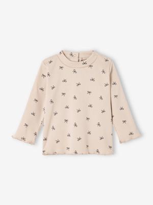 T-shirt baby met print, lange mouwen gemêleerd beige