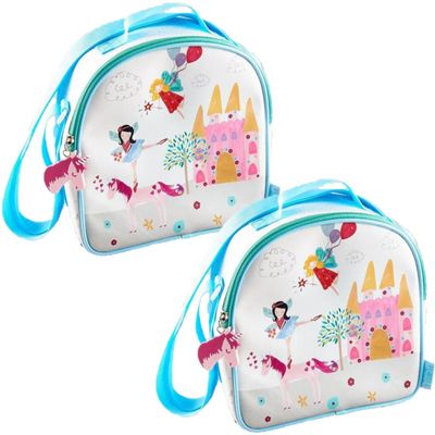 Set van 2x stuks kleine koeltassen voor lunch wit/licht blauw met sprookjes print 9 x 22 x 22 cm 4 l Set van 2x stuks kleine koeltassen voor lunch wit/licht blauw met sprookjes print 9 x 22 x 22 cm 4 l