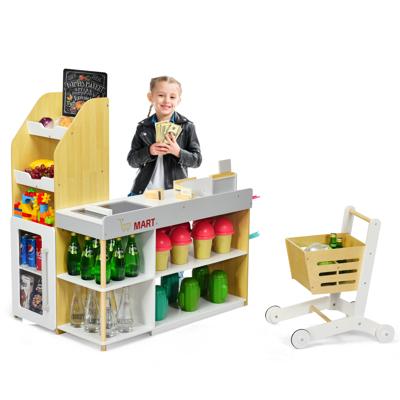 Supermarkt Speeltoestel met Winkelwagentje Kinderkassa Speelgoed met Scanner Kaartveegmachine Betaalkaart 5 Houten Munten