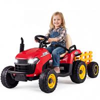 24V Elektrische Tractor met Kantelbare en Afneembare Aanhanger Elektrische Tractor met Afstandsbediening Muziek en Led-Koplampen voor Jongens en Meisjes vanaf 3 Jaar-Rood