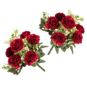 Rozen kunstbloemen boeket - 2x - rood - H43 cm