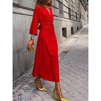 Dames Casual jurk Effen jurk Knoop voorzijde Lange jurk maxi-jurk Modieus Streetwear Buiten Dagelijks Afspraakje Lange mouw V-hals Normale pasvorm 2023 Rood Kl