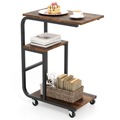 Industriële C-Vormige Bijzettafel Ruimtebesparende Salontafel Metalen Frame Vergrendelbare Wielen Rustiek Bruin