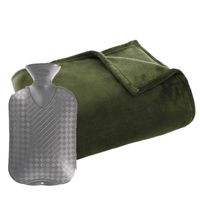 Fleece deken/plaid Olijf groen 125 x 150 cm en een warmwater kruik 2 liter - Plaids