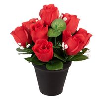 Kunstbloemen klein boeketje rozen in pot - rood - H25 cm - Bloemstuk - Bladgroen