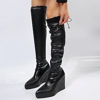 Dames Laarzen Motorlaarzen Grote maten Schoenen voor Extra Lengte Buiten Dagelijks Effen Kleur Over de knie laarzen Sleehak Ronde Teen Vintage Modieus Casual Imitatieleer PU Leegloper Zwart Lightinthebox