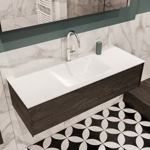 Mondiaz Lush Cloud badmeubel eiken donker bruin 120 cm 1 lade solid surface enkele spoelbak midden 1 kraangat
