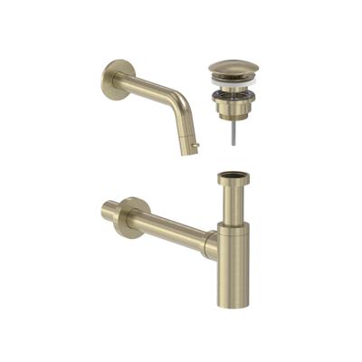 Fonteinkraan Combiset MAY Stilo Wandmodel Fonteinkraan, Designplug Always Open & Designsifon Geborsteld Mat Goud PVD