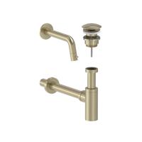 Fonteinkraan Combiset MAY Stilo Wandmodel Fonteinkraan, Designplug Always Open & Designsifon Geborsteld Mat Goud PVD Fonteinkraan Combiset MAY Stilo Wandmodel Fonteinkraan, Designplug Always Open & Designsifon Geborsteld Mat Goud PVD