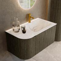 Badmeubel Mondiaz Kurve-Dlux | 85 cm cm | Meubelkleur Shadow | Wastafelkleur Frappe | Solid surface | Wasbak rechter zijde spoelbak | 1 kraangat