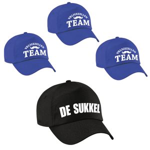 Vrijgezellenfeest heren petjes pakket - 1x De Sukkel zwart + 9x Vrijgezellen team blauw