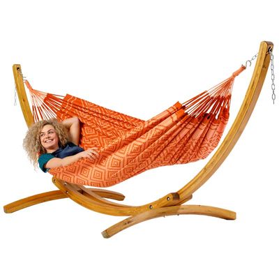 Eenpersoons hangmat met houten standaard - 300x140cm - Rood - 120kg draagkracht- 100% katoen - binnen & buiten