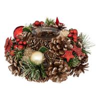 Kerststukje met kaarsenhouder - rood tinten - natuur - 19 cm?- tafeldecoratie