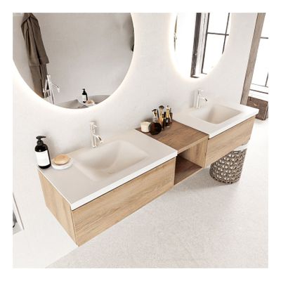 Mondiaz Bukla 200cm badmeubel met open module 40 kleur washed oak 2 lades wastafel dubbel 2 kraangaten kleur talc