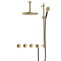 Hotbath Cobber - CB7067 - Inbouw Regendoucheset - Geborsteld Messing - 2 Stopkranen - Thermostatisch - Plafondbuis 15 cm - Hoofddouche 300 mm - Ronde Handdouche 3 Standen - met M106 - Waterbesparend - V02