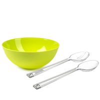 Salade serveer schaal - groen - kunststof - Dia 25 cm - inclusief sla couvert/bestek - Serveerschalen - thumbnail