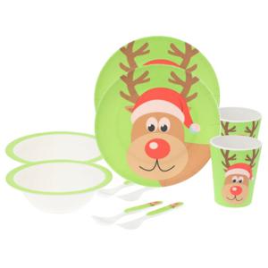 Kerst servies setjes - 2x set- bordjes, beker, kom, bestek - 5-delig - groen - voor kinderen