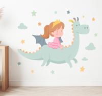 Prinses op een draak muursticker kinderkamer