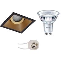 LED Spot Set - Pragmi Zano Pro - GU10 Fitting - Inbouw Vierkant - Mat Zwart/Goud - Kantelbaar - 93mm - Philips - CorePro 840 36D - 3.5W - Natuurlijk Wit 4000K