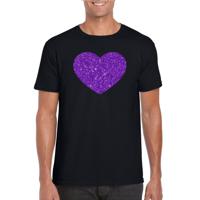 Verkleed T-shirt voor heren - hartje - zwart - paars glitter - carnaval/themafeest