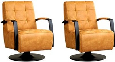 Set van 2 Cognac leren industriële draaifauteuils Mind - staal zwart frame met schotelvoet - Kenia Leer Cognac (cognac leer)