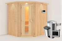 Karibu | Lilja Sauna met Dakkraag | Energiesparende Deur | Kachel 3,6 kW Externe Bediening