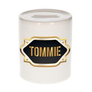 Naam cadeau spaarpot Tommie met gouden embleem