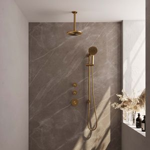 Regendoucheset Inbouw Brauer Gold Edition Thermostatisch 20cm met Plafondarm, Glijstang en Handdouche 3-Standen Losse Stopkranen Geborsteld Goud