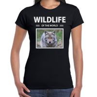 Wolf t-shirt met dieren foto wildlife of the world zwart voor dames - thumbnail