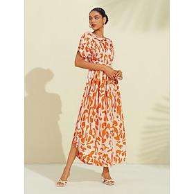 Dames Jurk met print Satijn Maxi Maxi-jurk Oranje Korte mouw Abstract Onregelmatige zoom Sierstenen Gerimpeld Zomer Vierkante hals Patroon jurk S M L