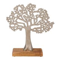 Decoratie levensboom van aluminium op houten voet 27,5 cm zilver   -