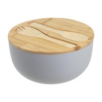 Bamboe slakom - grijs - D23,5 cm - kunststof - bamboe - met saladebestek