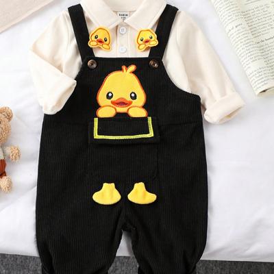 2pcs Baby Boys' Cute Duck Embroidered Long Sleeve Polo Shirt And Corduroy Overalls Set, Casual Outfit For Home & Outdoor, 4 Seasons Black / 2-3Y