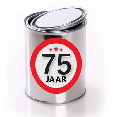 Cadeauverpakking Conservenblik - Leeftijd 75 jaar - metaal, - met sticker - verjaardag - inblikken