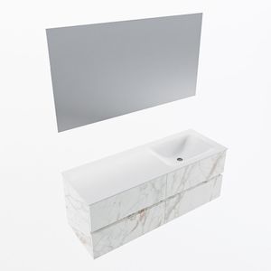 MONDIAZ VICA 130cm badmeubel onderkast Carrara 4 lades. Wastafel CLOUD rechts zonder kraangat, kleur Talc met spiegel LED.