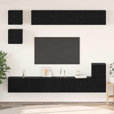 Tv-meubelset Wandgemonteerd 8 pcs Zwart Eiken Bewerkt hout