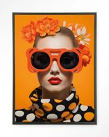 Urban Cotton Wandkleed 'Orange Flower' 110 x 145cm in Floating Frame - black