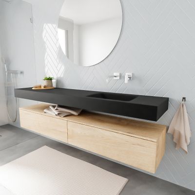 Mondiaz Alan badmeubel 200 cm washed oak 2 lades vrijhangend wastafel rechts zonder kraangat zwart