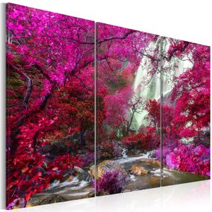 Schilderij - Prachtige Waterval in Roze Bos, 3luik