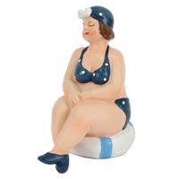 Home decoratie beeldje dikke dame zittend - blauw badpak - 11 cm