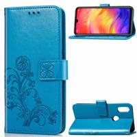 Lucky Clover ingedrukt bloemen patroon lederen draagtas voor Xiaomi Redmi opmerking 7 met houder & kaartsleuven & portemonnee & hand strap (blauw)