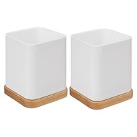 Tandenborstelhouder/organizer - 2x stuks - wit - 10 x 8 cm - bamboe - tandenborstel houder/beker