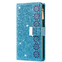 iPhone 14 Plus hoesje - Bookcase - Koord - Pasjeshouder - Portemonnee - Glitter - Bloemenpatroon - Kunstleer - Blauw - thumbnail