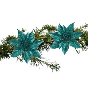 2x stuks kerstboom bloemen op clip emerald groen glitter 15 cm